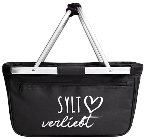 Huuraa Einkaufskorb Sylt verliebt Geschenk | Schön als Picknick Korb oder Shopper 20 Liter Black faltbarer Tragekorb Schwarz Geschenkidee Einkaufstasche Aluminium Griff