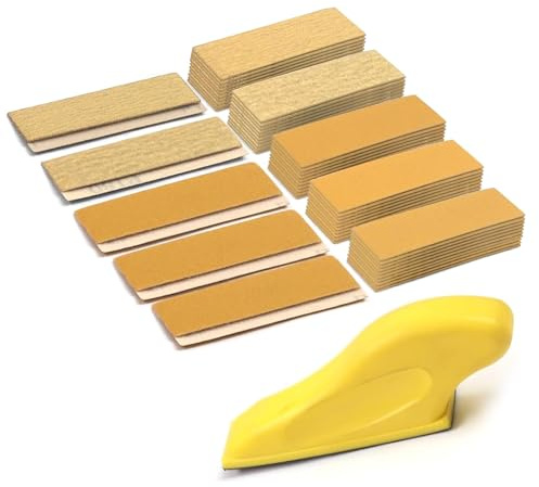 KLINNA Set di 50 fogli di carta vetrata con blocco abrasivo a mano per levigatura a umido e a secco, fogli abrasivi grana 80, 120, 180, 240, 400, fogli per levigatura, lucidatura e carta vetrata