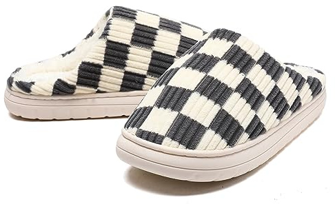 Waysoland Pantofole Donna Uomo,Memory Foam Ciabatte Donna Invernali a scacchi Scivolare su Suola antispuggente Camera da letto Pantofole soffici Interno Esterno(Grigio,40/41 EU)