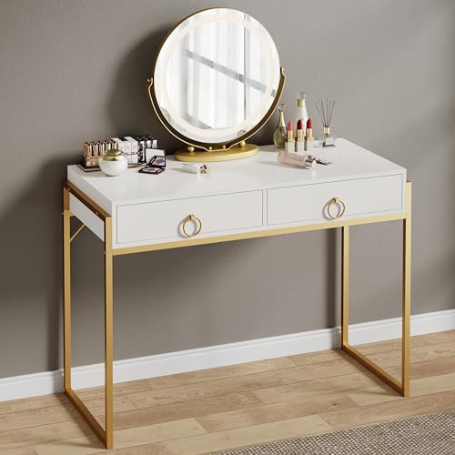 Skokliz Computertisch Schreibtisch 106x48x78cm, Bürotisch mit 2 Schubladen, fürs Büro, Wohnzimmer, Stahlgestell, Industrie-Design, Weiß