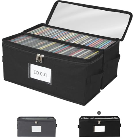ComfortKeeper Fabric CD Storage Box with Clear PVC Lid, 2 Pack, Black | Holds 35 Standard CD Cases per Box, Zipper Closure for Dust Protection, Portable CD Organizer for Music Collection