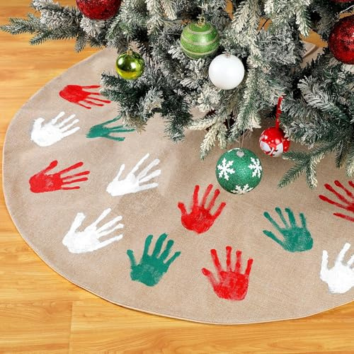 Sosation Handprint Christmas Tree Skirt Set 72 Inches Memory Making Burlap Christmas Tree Rustic Linen Xmas Skirt for Farmhouse Decorations