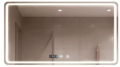 Espejo de Baño con Luz. Espejo Rectangular de Pared con Enchufe, 3 Tonos de Color, Ajuste de Brillo y Antivaho, con Indicador de Hora y Temperatura. Ideal para Baño o Tocador. (Horizontal – 90x70cm)