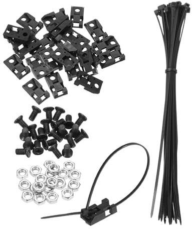 sourcing map 20pcs 24mm Cable Tie Saddle Type Mounts Base with 200mm Cable Zip Ties and M4 Tapping Screws and Nuts, Wire Organizer Holder Clamps Set, Black