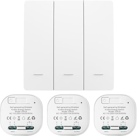 BAIFULAI Funk Lichtschalter Set, RF433 Funkschalter Batterielose, Sicherheitsschalter und Empfänger-Controller 10A, Funk Schalter für licht steuerung Heimbeleuchtungskörper, (EU 1Gang 3V1)