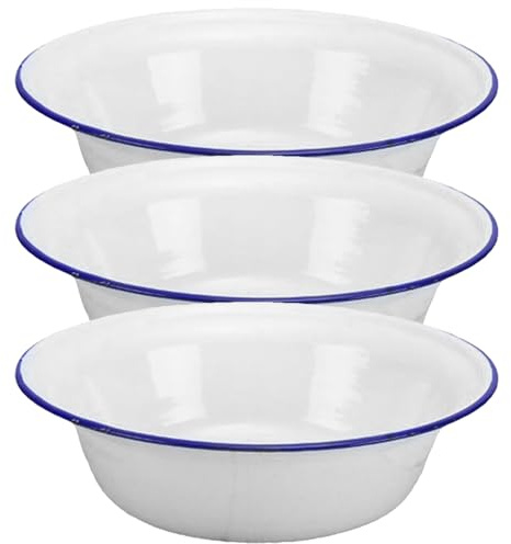 MUELODSIC Cuenco de Esmalte Vintage de 3 Piezas, Blanco, Gran Capacidad, Ligero E Irrompible para Ensalada, Sopa y Picnic | Sopa y Ensalada, Uso Camping y Exterior, Estilo Elegante, Unbreakable, Multiuso