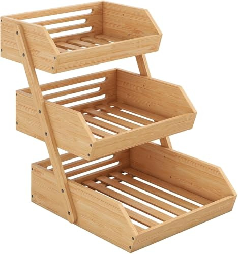 CROWNSHOP 3-Tier Bamboo Fruits Basket Fruits Bowl Holder Bread Basket Vegetable Fruits Holder Organiser for Kitchen Home Decorative Storage