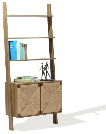Hometopia Holzregal 180 cm, mit Rattan-Front & 2 Türen | südostasiatischer Stil, Vintage, handgeflochtene Rattan-Front, Naturholzoptik, 35x80x180 cm, vielseitig, stabil, pflegeleicht