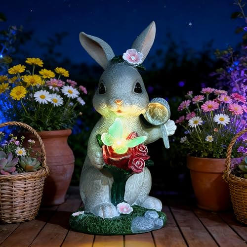 Cuteefun Statue Solaire Exterieur Jardin, Déco Jardin Lapin Papillon | Étanche & Robuste, Auto On/Off, Lampes Solaires Lapin Extérieur Balcon Décoration, Parfait pour Anniversaires & Emménagements