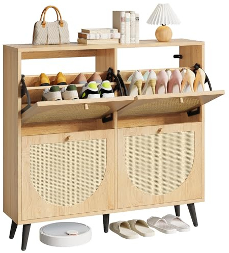 IRONCK Schuhschrank Rattan, schmal Schuhkipper mit 4 Klappen, freistehende Schuhregal, Schuhkommode mit verstellbaren Trennwände Schuhablage Schrank für Flur Eingang Wohnzimmer 100x24x95cm (Naturholz)