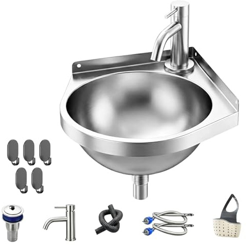 Fregadero de esquina de acero inoxidable con grifo frío/caliente, lavabo de cocina que ahorra espacio, lavabo triangular montado en la pared, mini fregadero de esquina, lavabo de un solo tazón para