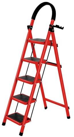 Leitertritt klappbar, Haushaltsleiter,mit Handläufen, 180 kg, Aluminiumleiter, Multifunktionsleiter für Haus und Büro, Sicherheitsverriegelung,152 x 87 x 39 cm – 5 Stufen (Rot)