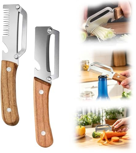 Couteau éplucheur Multifonction, éplucheur Multifonction, éplucheur à julienne, Lame tranchante, Manche Antidérapant en Bois Massif, Permet d'éplucher,de Couper en Julienne et d'ouvrir des Bouteilles