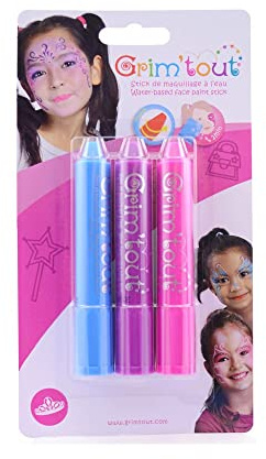GRIM'TOUT Kit Maquillage Enfant - Rose, Violet, Turquoise - 3 Grimsticks Spécial Princesse - Crayons de Couleurs, Maquillage à l’Eau - Faciles à Appliquer et Nettoyer - Makeup sur pour la Peau