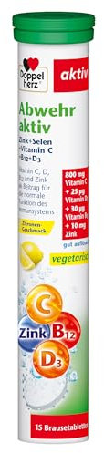 Doppelherz Abwehr aktiv Zink + Selen + Vitamin C + B12 + D3 - als Beitrag für die normale Funktion des Immunsystems - 15 gut auflösende Brausetabletten mit Zitronen-Geschmack