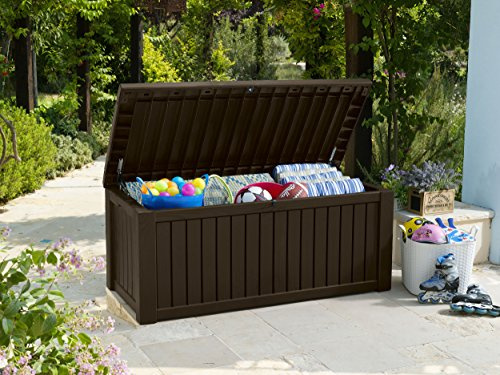 Koll Living Auflagenbox/Kissenbox Merano 570 Liter l mit Belüftung dadurch kein übler Geruch/Schimmel l Moderne Holzoptik in der Farbe Braun l Deckel belastbar bis 250 KG (Sitzplatz für 2 Personen)