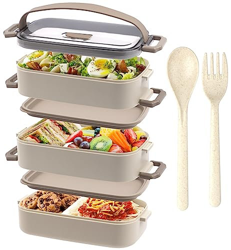 OITUGG Brotdose - 3 Etagen Lunchbox für Erwachsene - 2200ml Bento Box, mit Besteck und 3 stk Fächern Einstellbar, BPA Frei, Mikrowellengeeignet, Beige, 19.5 x 11.2 x 15cm, ohne Edelstahl Inner