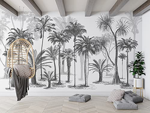 SILK ROAD EU Papier Peint Panoramique jungle Soie, Format personnalisé, noir et blanc Sketch Tropical Rainforest Coconut Tree Poster Geant Mural Personnalisé 3D pour Salon Chambre Murale blanc