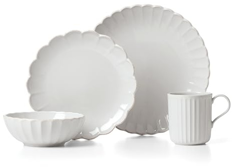 Lenox Dinnerware Set, French Perle Scallop 4-Piece Place Setting, Service For 1, Dinnerware Set, Stoneware, Includes Plates, Bowl, and Mug, Dishwasher And Microwave Safe, Dish Set (White, 4 Piece)