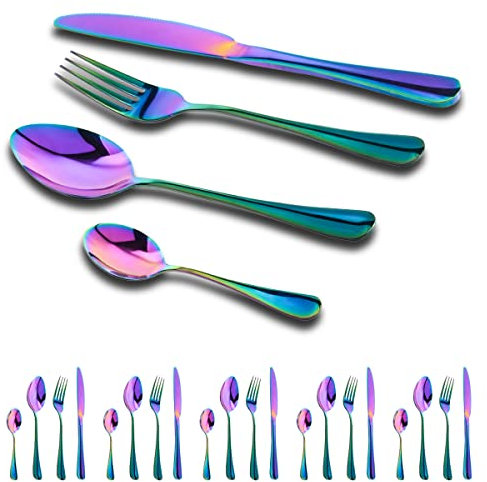 GOODFEER Regenbogen Besteck Set 6 Personen, 24 Teilig Besteckset, Inkl Messer, Gabeln Löffel und Dessertlöffel, Cutlery Edelstahl Spiegelpoliert Spülmaschinenfest