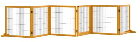 PawHut Cancelletto per Cani di Piccola/Media, 6 Pannelli Pieghevoli, Giallo | Cancelletto di Sicurezza in Legno e Acciaio, 432x36x70 cm
