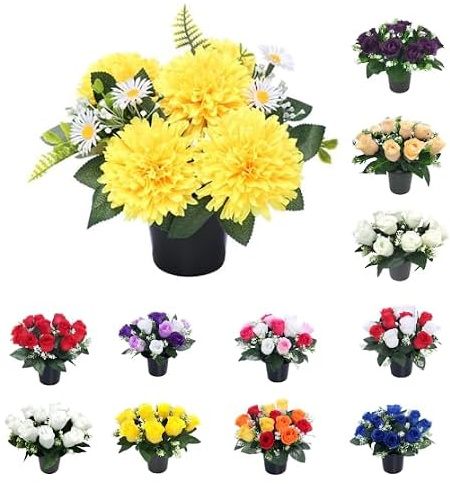 Mr. Barry's Chrysanthemum Grave Flower Pot with Foam Insert (Yellow) | Bright Yellow / Orange Chrysanthemum and daisy grave flower pot cemetery and memorial displays.