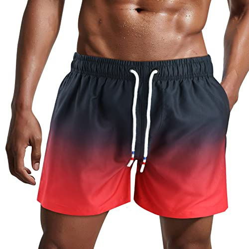 Danfiki Badshorts för herrar, badbyxor, snabbtorkande strandshorts, surfshorts, med meshfoder, tonad färg, Svart, rött, M