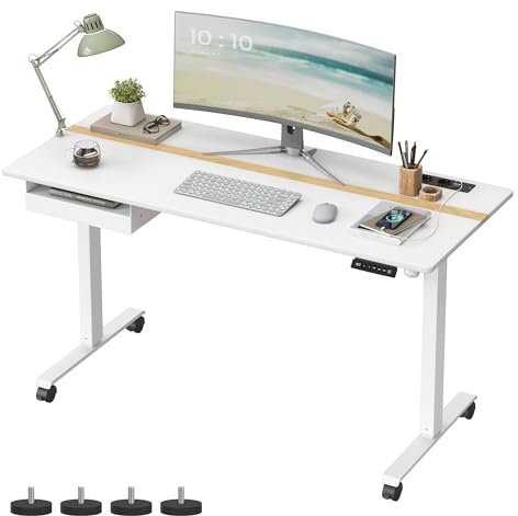 VASAGLE Höhenverstellbarer Schreibtisch elektrisch, 140 x 60 cm Tischoberfläche, Memory-Funktion mit 4 Höhen, mit Steckdosen und Stoffschubla, wolkenweiß-golichenfarben LSD114W01