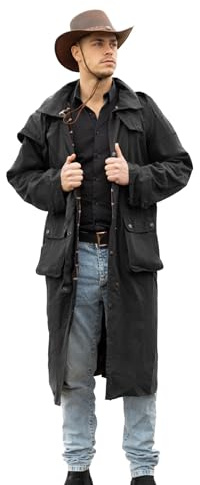 RESISTANCE Premium Long Black Mens Oil Cloth Oilskin Western Australian Waterproof Duster Coat Jacket