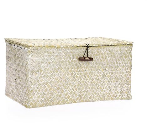 IGNPION Aufbewahrungskorb aus Seegras mit Deckel, gewebter Weidenkorb, Desktop-Korb, rechteckig, Badezimmer-Aufbewahrungsorganizer-Box, Wohnzimmer, dekorativer Regal-Unterkorb