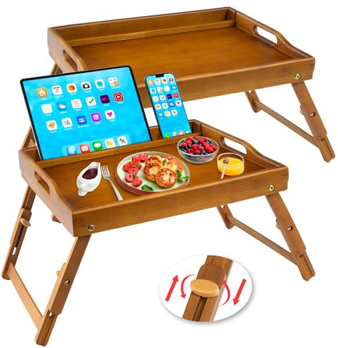 Greenual 2 Pack Bed Tray Table with Handles Folding Legs, Bamboo Breakfast Food Tray with Media Slot, Use As Platter, Laptop Desk, Snack, TV Tray Kitchen Serving Tray(Brown)