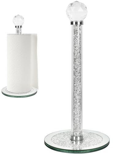 Topsky Silver kitchen roll holder - Crystal Glass Paper Towel Holder Stand - Countertop Kitchen Towel Holder Heavy Weight - Kitchen Rolls Organizer Free Standing