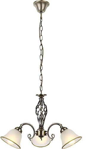 Hängelampe Hängeleuchte Kronleuchter Glasleuchte Esszimmer Lampe Altmessing, Glas, 3 flammig, 3x E27 Fassungen, DxH 60x120 cm