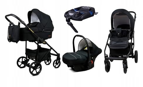 BabyLux® Kinderwagen Set 4 in 1 - Trailux - Onyx - incl. Babywanne, Buggy Sportsitz, Auto-Babyschale, ISOFIX-Basisstation - Autositz - Kinderwagenset - Kombikinderwagen mit Wickeltasche usw.