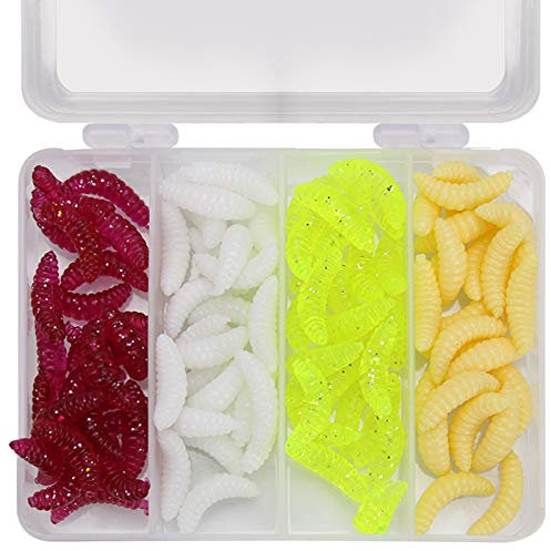 Steinn Gummifisch Set mit Haken und Offset Jigköpfe Angel Köder Set Barsch Zander Hecht in Box (100pc-Brotwürmer)
