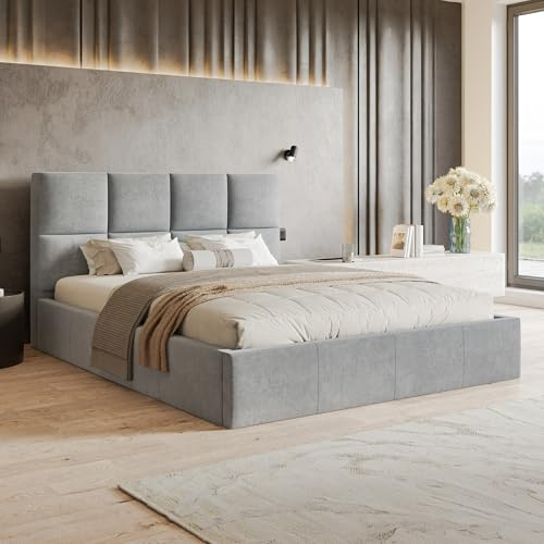 MOTIVENA Star Bett 120x200 Grau Samt, mit Stauraum, mit Kopfteil, mit Lattenrost, ohne Füße, ohne Matratze, Polsterbett 120x200 mit Bettkasten Grau (Hellgrau)