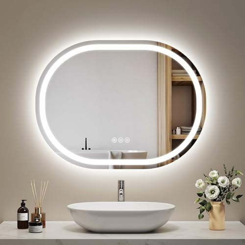 EMKE Ovale Badspiegel mit Beleuchtung 60x80cm, 3 Lichtfarbe Dimmbar | Badezimmerspiegel mit Antibeschlag, Touchschalter, Speicherfunktion, IP44 Schutz, Auto-Abschaltung nach 3h, Oval Spiegel