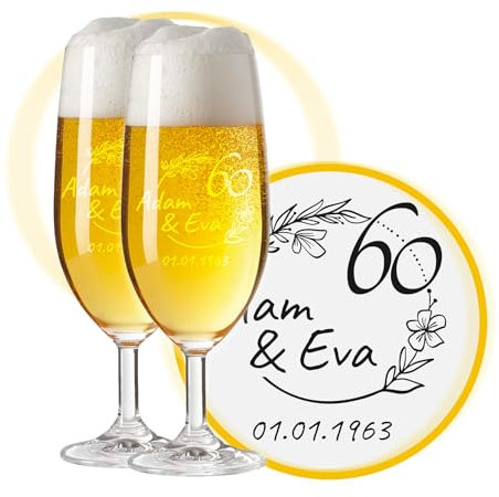 LALALO Biergläser mit Gravur zum 60. Hochzeitstag, Geschenk zur Diamanten Hochzeit, Leonardo Pils Biertulpe personalisiert, Jahrestag (Ringliebe)