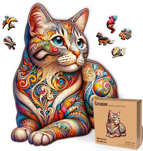 LEOGOR Holzpuzzle für Erwachsene 200 Teile (27.1 × 35.1 cm), Katzenpuzzle, extra Dickes 5 mm Holz, farbenfrohes Mosaikdesign, entspannendes künstlerisches Geschenk für Erwachsene und Teenager