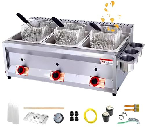 Commercial Countertop LPG Gas Deep Fat Fryer Dual Tanks with 10Lx2/3 Basket and Lid Stainless Steel Large Capacity Propane LPG with Metal Tube for French Fries Home Kitchen Restaurant (3 Baskets)