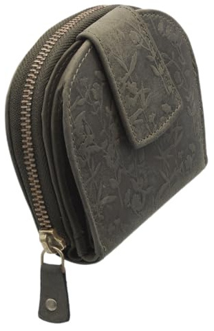 Portemonnaie oder Geldbörse mit RFID Schutz und Kompakt aus echtem Leder geprägt mit Blumen in Halbrunder Form für Damen und Girls