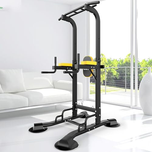 NaKeah Multi-fonction Power Tower Dip Station Force Training Exercice Up Bar pour le gymnase à domicile, supports de baisse de hauteur réglables,Jaune