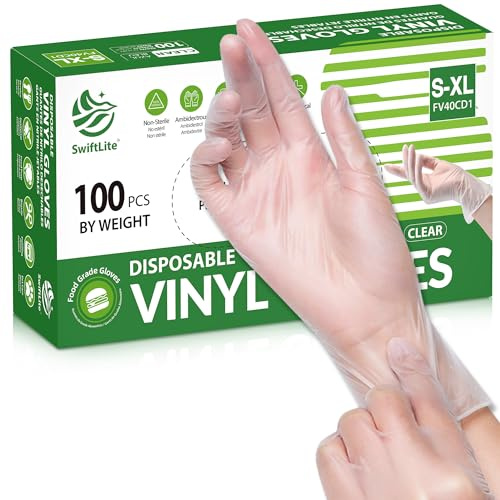 SWIFTLITE Lot de 100 gants jetables en vinyle de qualité alimentaire, sans latex, sans poudre, en plastique transparent pour la cuisine, le nettoyage de la maison, la préparation des aliments, 3 mm,