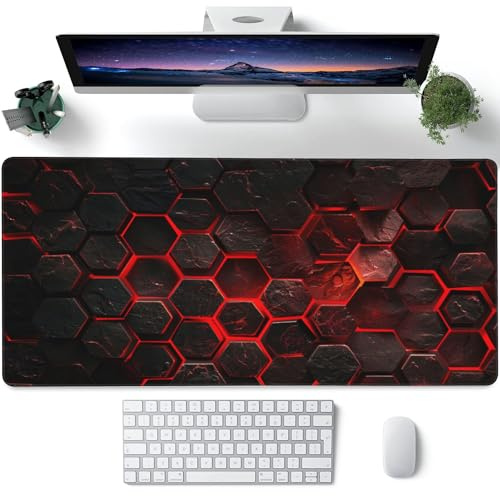 Large Gaming Mouse Pad for Desk,Red Honeycomb Science Technology Desk Mat,Honeycomb Hexagon Desk Pad,Extended Big Computer Keyboard Mouse Pad with Non-Slip Base Stitched Edges 35.4x15.7