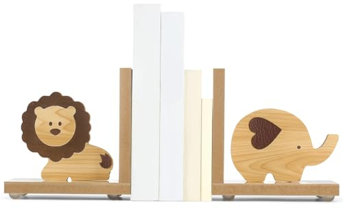 Harloon 2 x Tier-Buchstützen für Kinder, Holzdekoration, Safari-Buchstützen, Dekoration für Mädchen, Kinder, Schlafzimmer, Zuhause, Löwe Elefant