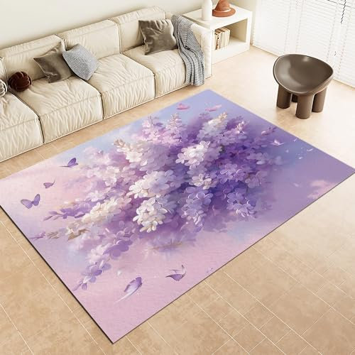 Lila Rechteck Kurzflor Teppich, Pflanze Blume Lila Flieder Waschbar, rutschfest, Weich Teppiche - Perfekt für Wohnzimmer, Esszimmer, Kinderzimmer, Schlafzimmer 160x230cm