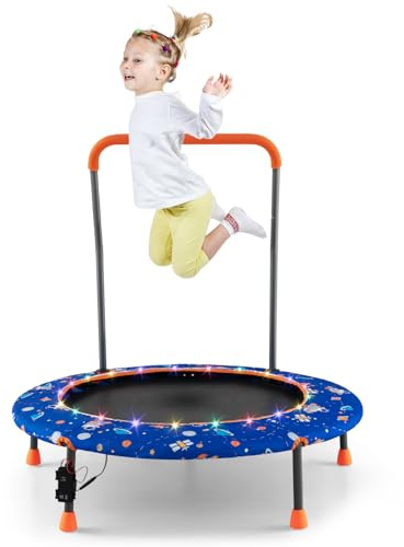 COSTWAY Studsmatta med en diameter på 92 cm, ministudsmatta med LED-belysning och avtagbart handtag, perfekt för träning och barn från 3–6 år, kan användas både inne och ute i trädgården (blå)