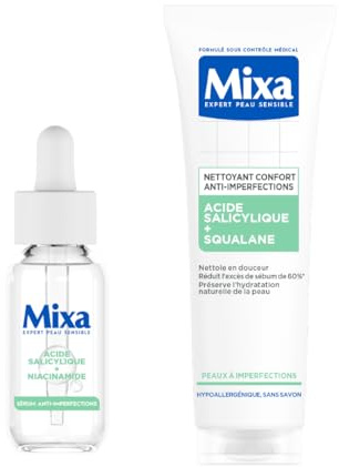 Mixa Anti-Unreinheiten Gesichtspflege- und Reinigungsduo: Salicysäure & Niancinamid Serum 30ml gegen Unreine Haut + Cleanser für zu unreinheiten neidgende Haut 150ml
