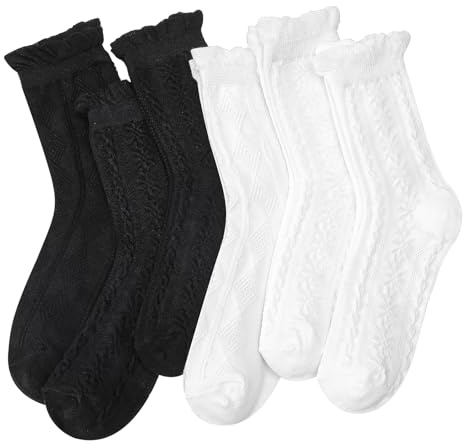 Kaisibum 6 Paar Trachtensocken Damen - Weiße Schwarz Socken mit Rüschen - Baumwoll Spitzen Socken für Frauen und Mädchen