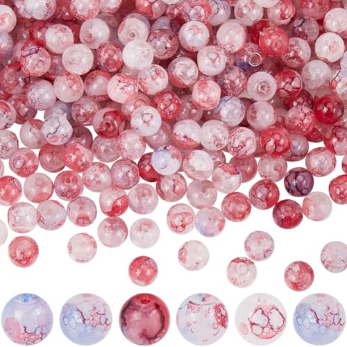 SOFPLATE 1 Schachtel Ca. 309 Stück 3 Stränge Crackle Glasperlen 8mm Crackle Perlen Großpackung Rot Blaue Blumen Bedrucktes Blumenmuster Lose Abstandshalter Miniperlen Zur Schmuckherstellung Armband Ha
